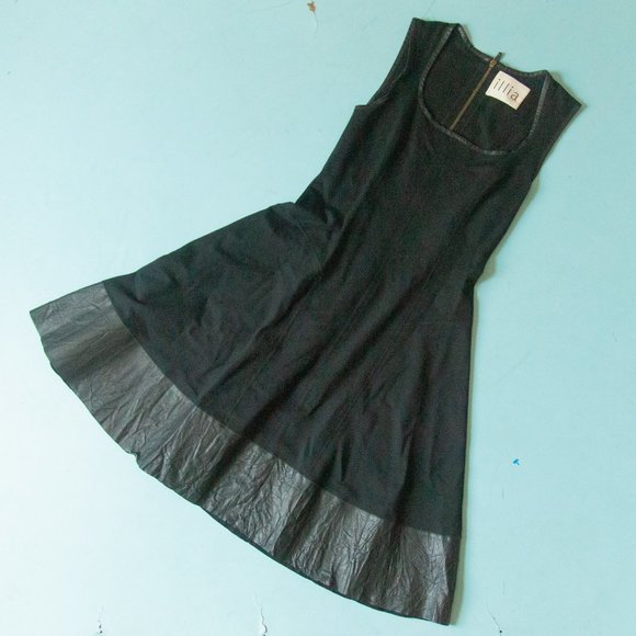 Illia Black Genuine Leather Trim Fit Flare Knee Length Sleeveless Dress Sz 6 - Picture 1 of 10